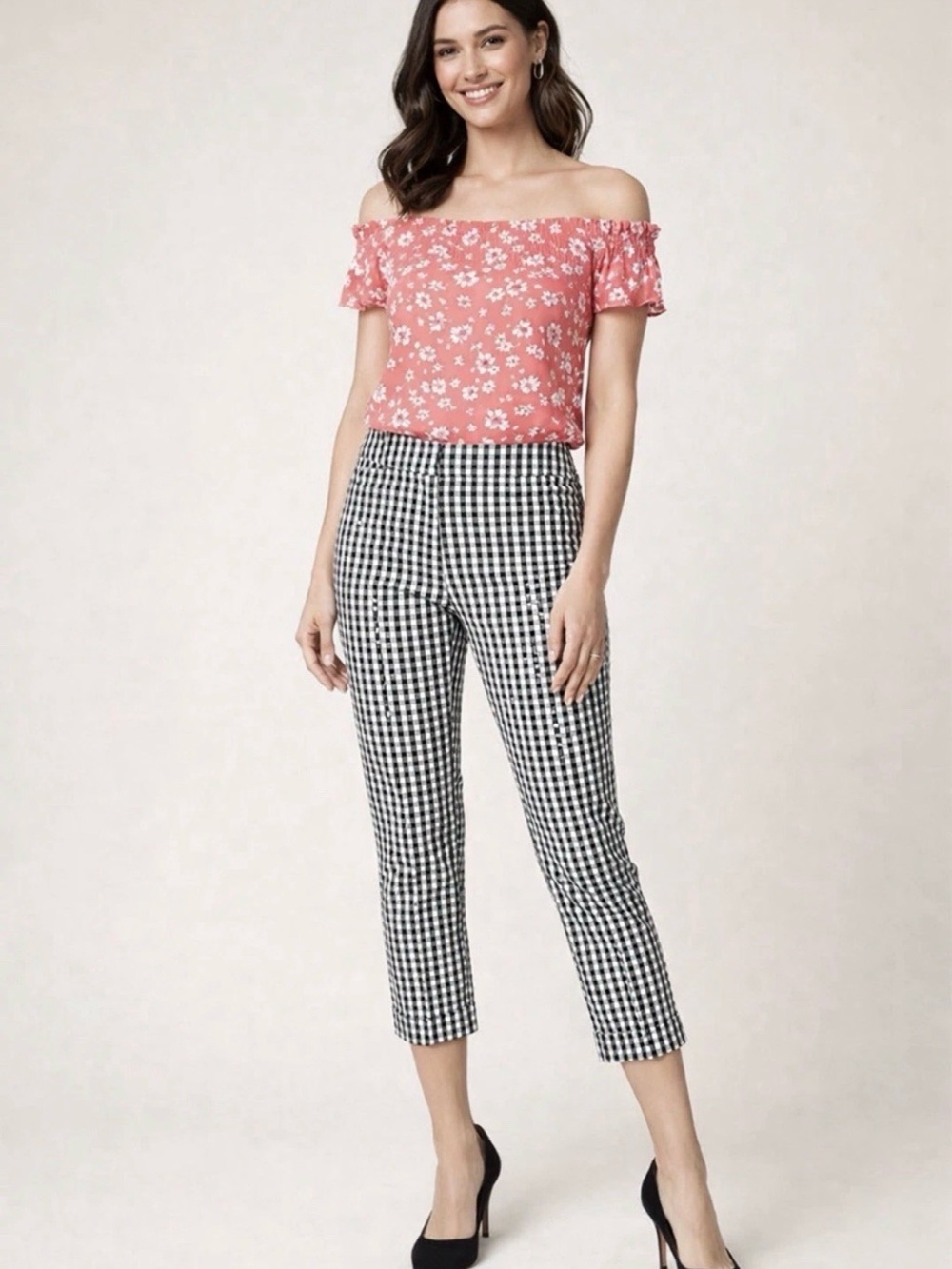 WHBM Slim Crop Pant Black & White Glen Check Gingham Mid-Rise Size 8 Like New!